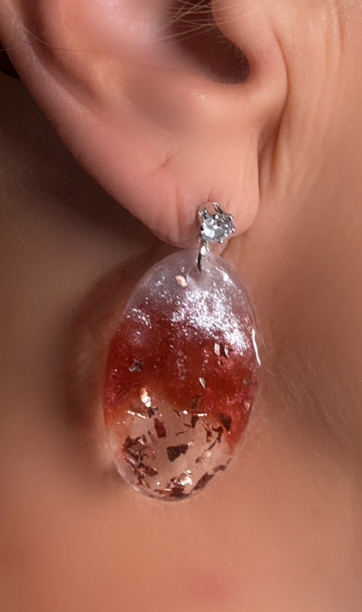 Burgundy white glitter Oval earrings and pendant with Silver Chain