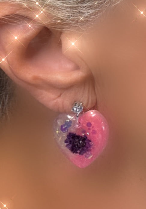 Pink (Hot Pink) holographic Shaped earrings and pendant with silver chain and zirconia stud