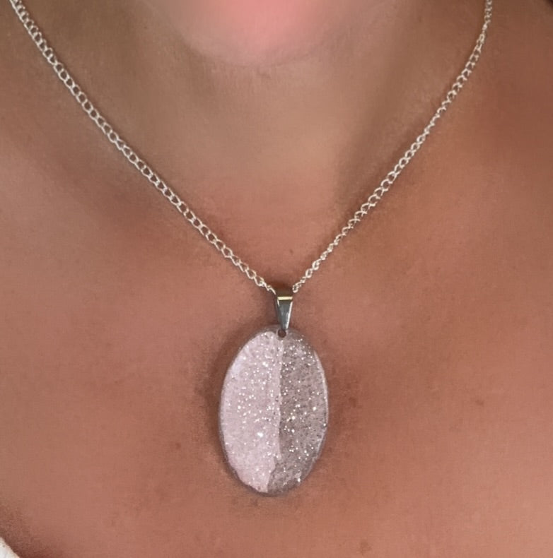 Champagne Oval necklace and earrings with a Silver Sparkle and Silver Chain