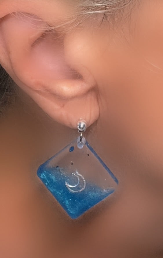Blue Seawave Diamond shaped earrings with half moon
