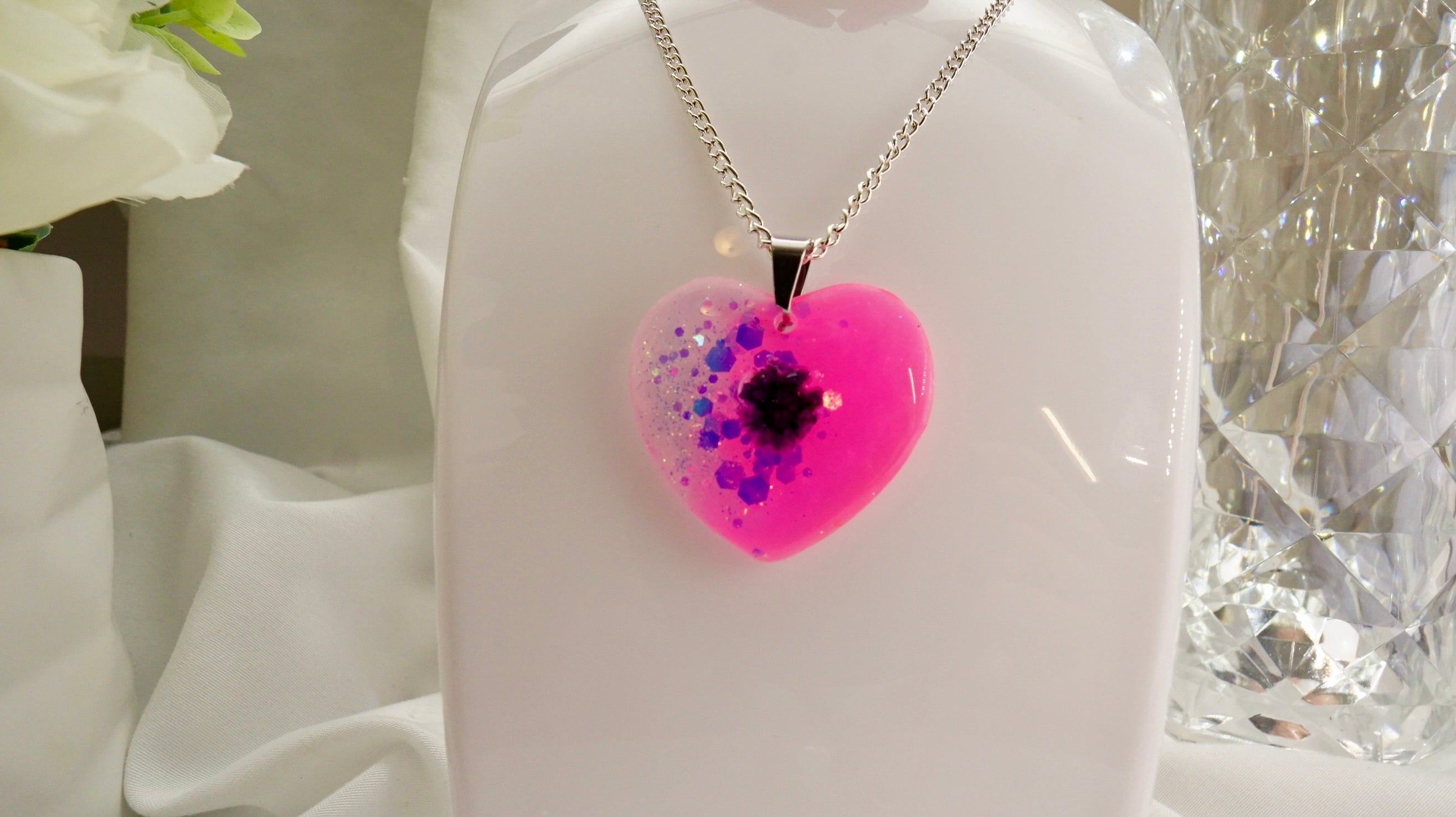 Pink (Hot Pink) holographic Shaped earrings and pendant with silver chain and zirconia stud