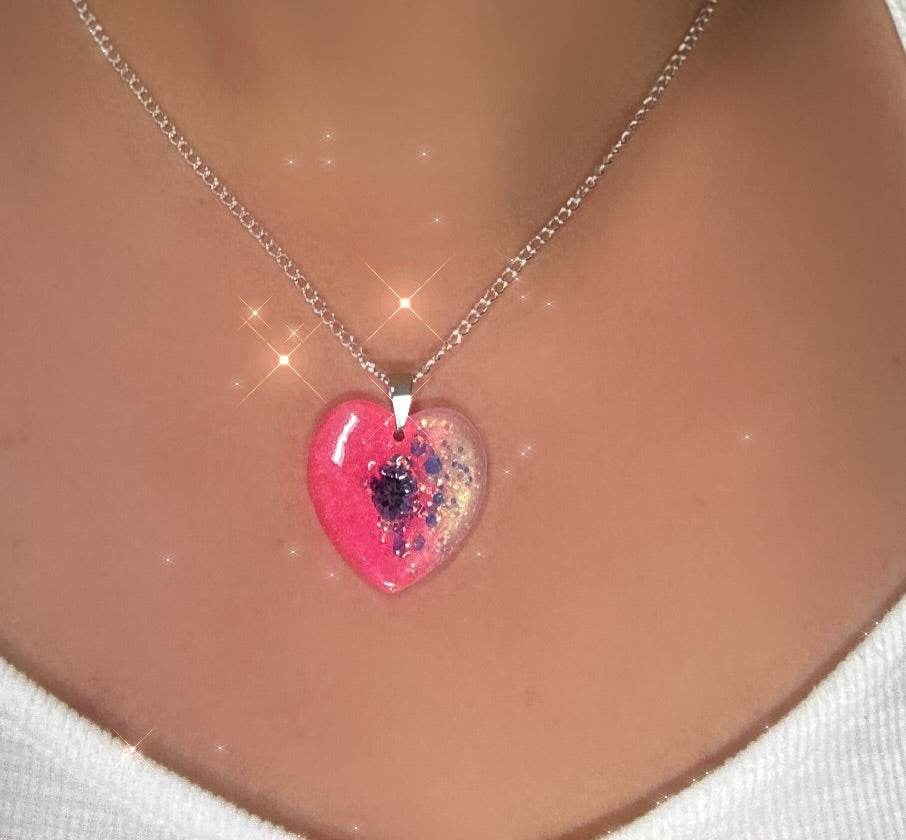 Pink (Hot Pink) holographic Shaped earrings and pendant with silver chain and zirconia stud