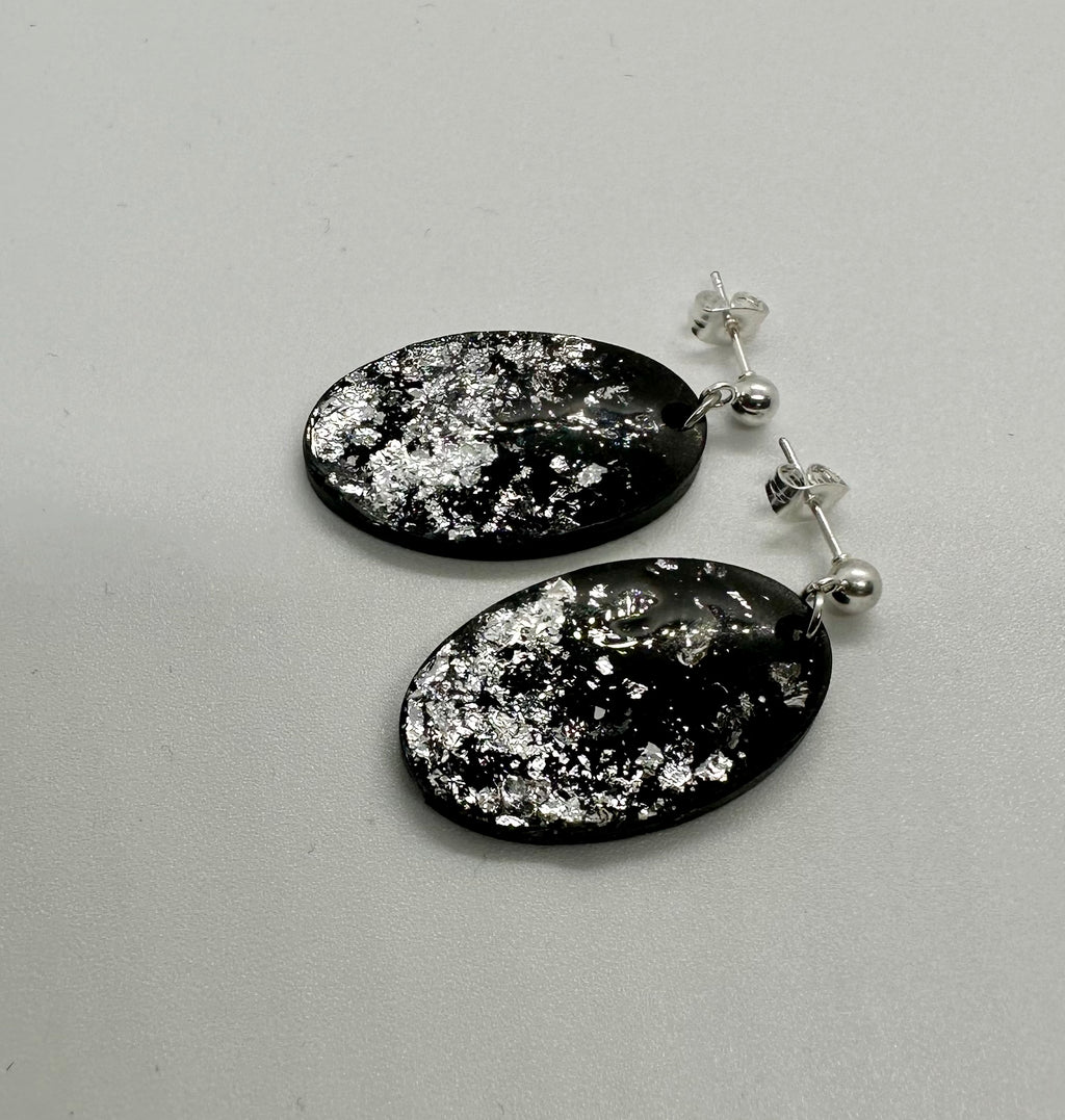 Black Glitter Oval Stud Earrings