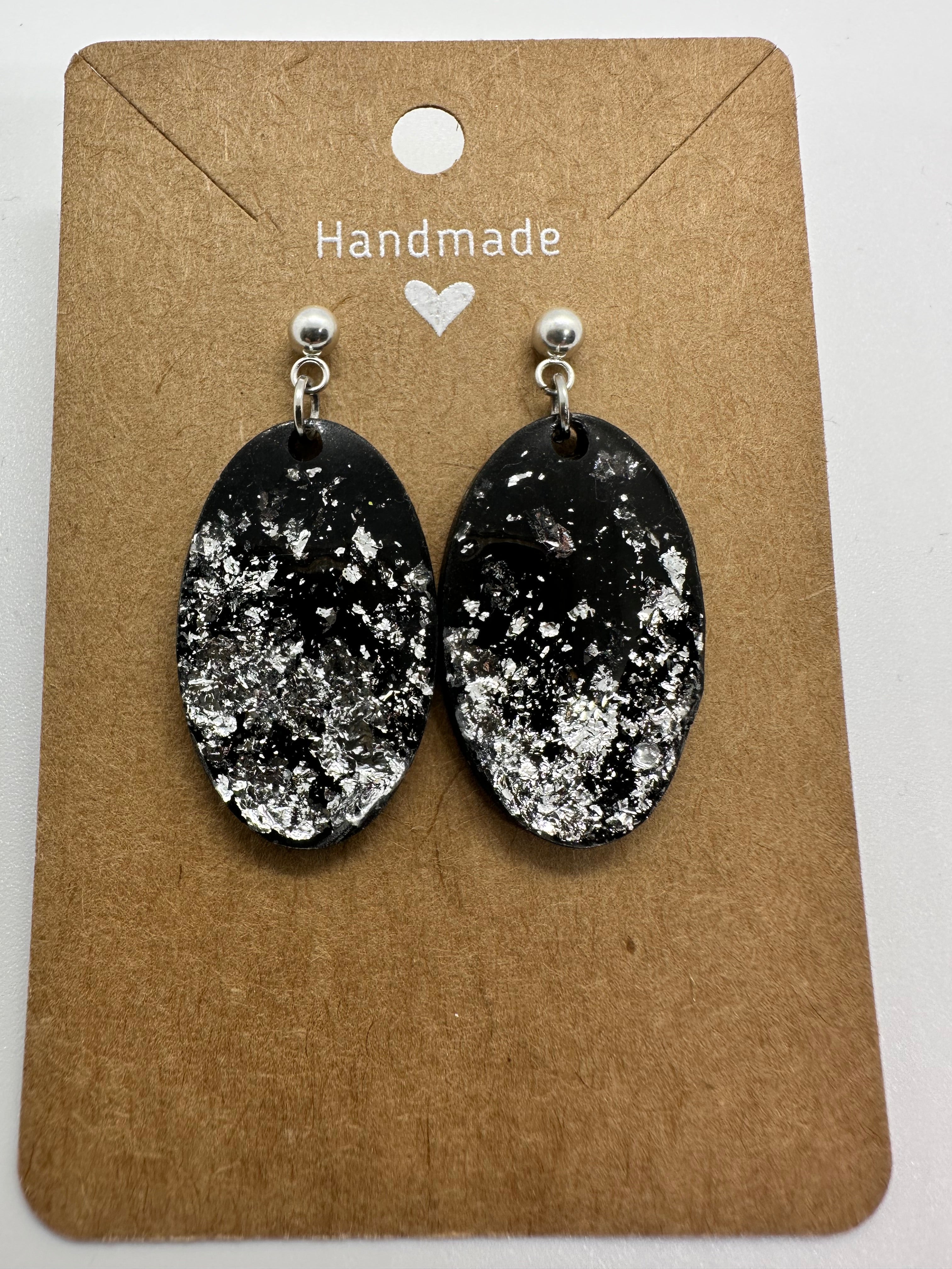 Black Glitter Oval Stud Earrings