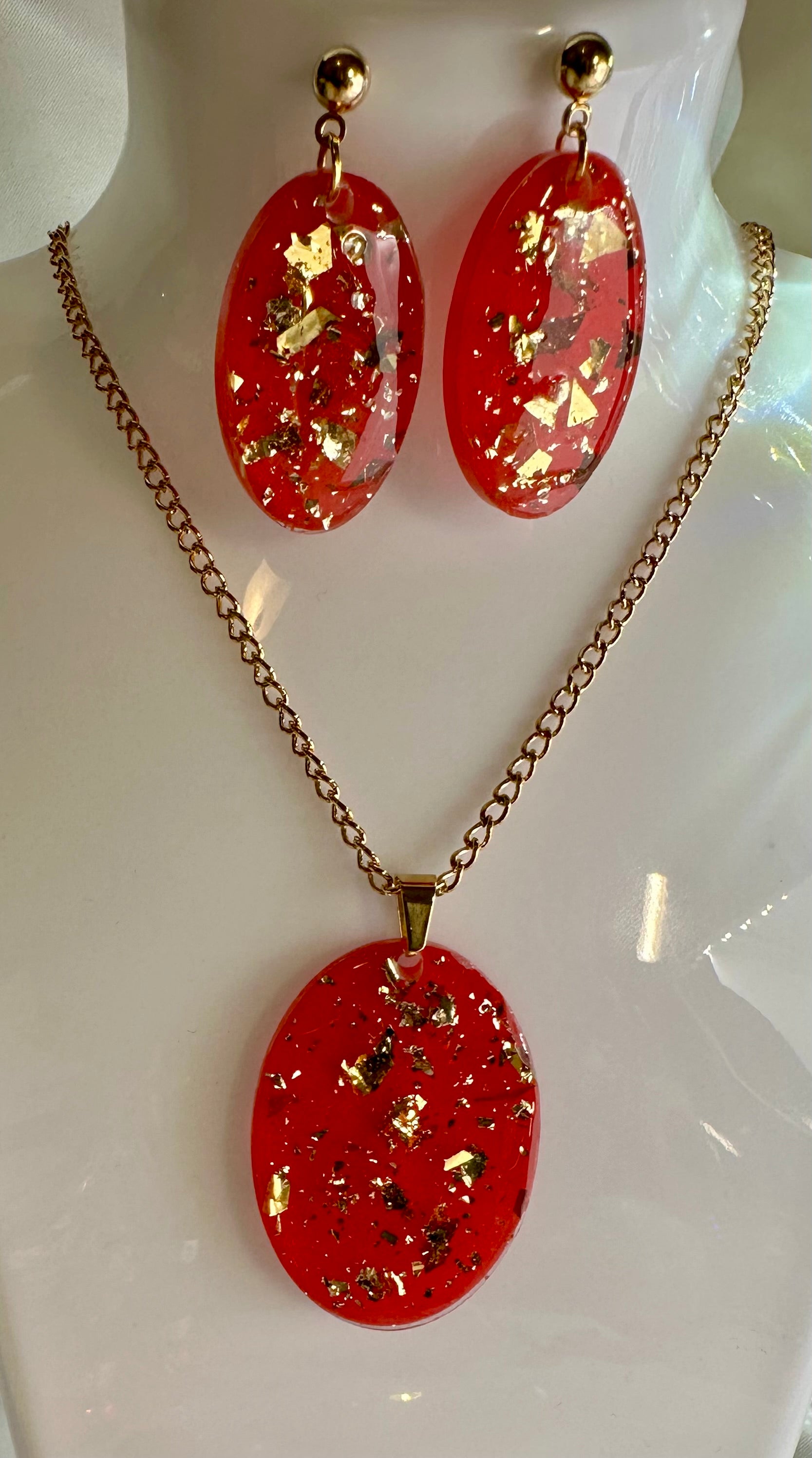 Red and Gold Glitter Pendant and Earring set
