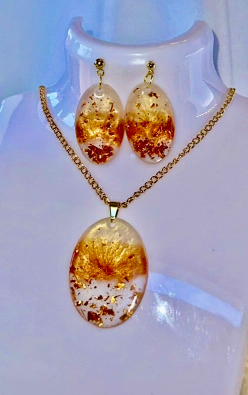 Orange Pearl Glitter Oval Pendant and matching earrings